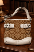 Coach Soho Signature Khaki Canvas White Leather Buckle Flap Crossbody Shoulder Bag