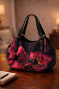 Black Floral Hobo Bag Pink Flower Print | Soft Slouchy Shoulder Handbag Everyday Purse