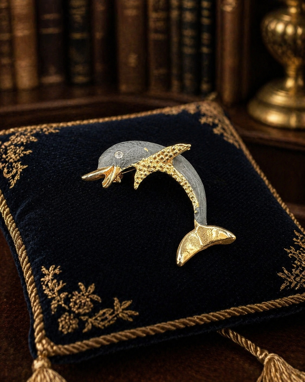 Gold Tone Gray Dolphin Brooch | Crystal Accent Sea Life Pin  Description