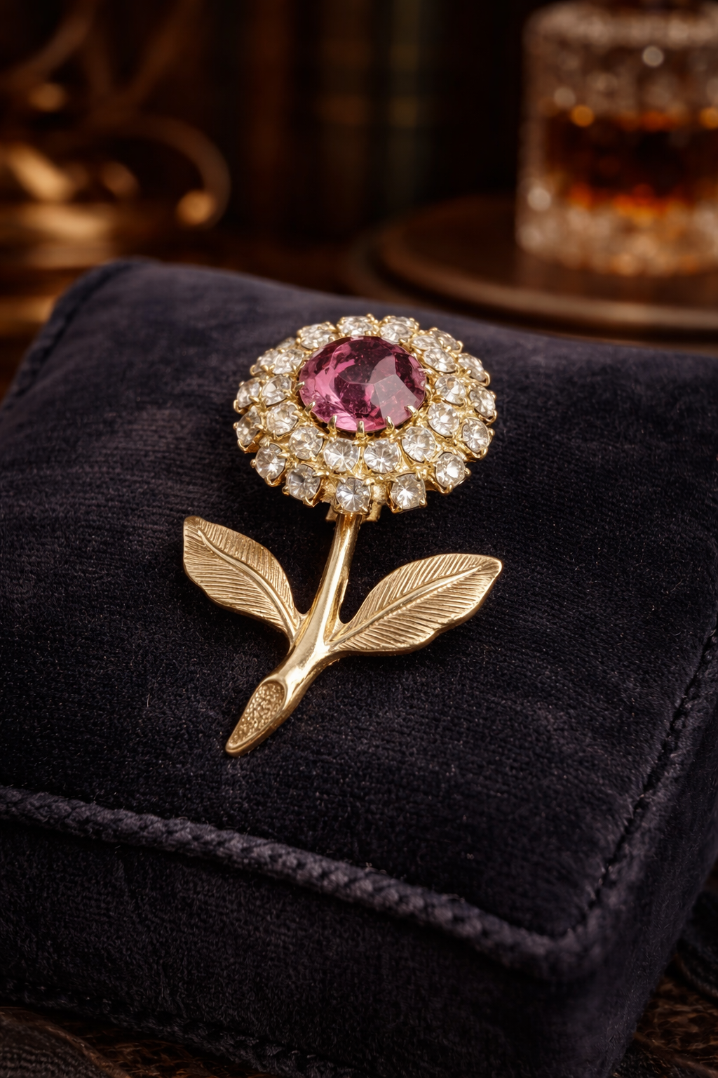 Vintage Gold Tone Pink Rhinestone Flower Brooch Floral Halo Statement Pin