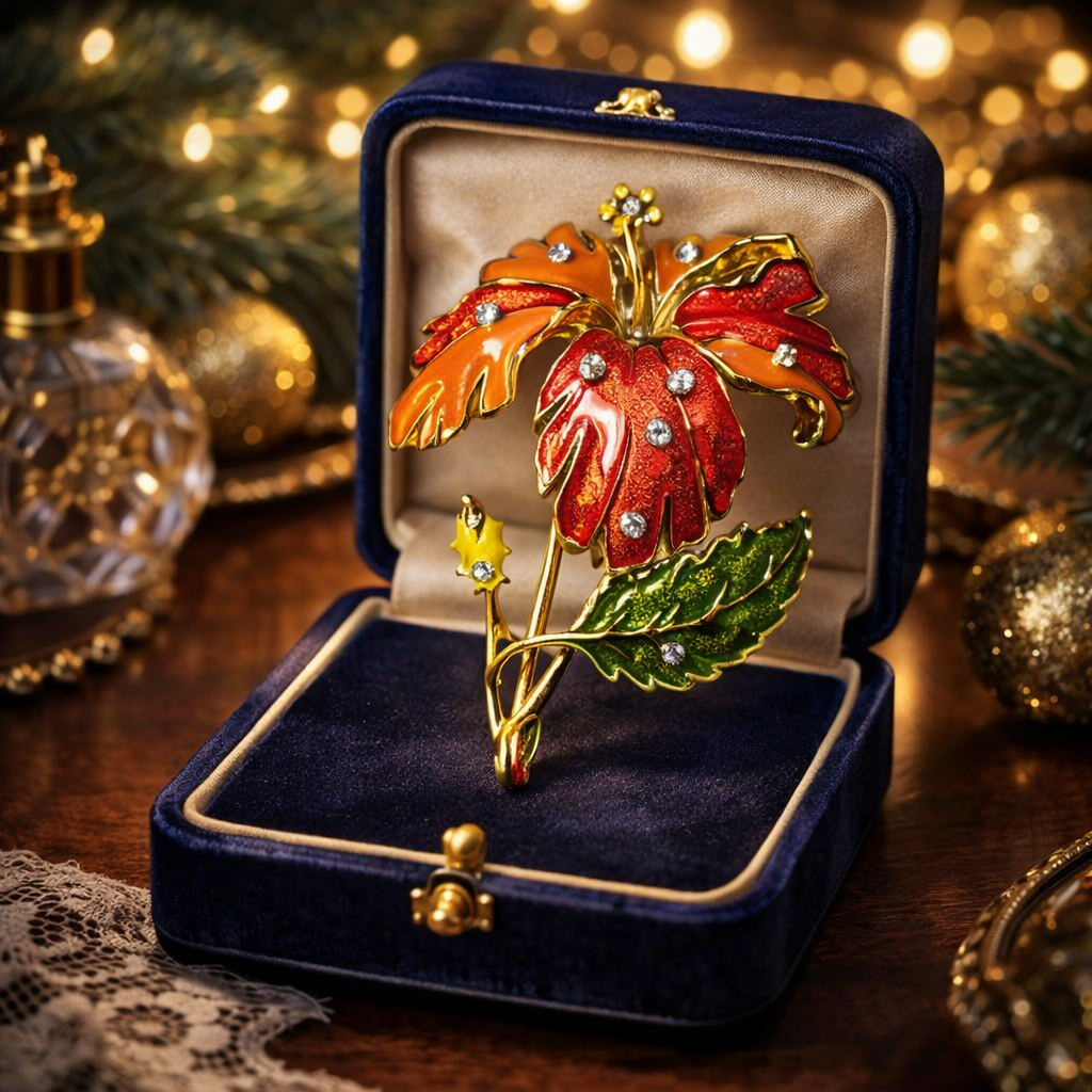 Vintage Barrera for Avon Hibiscus Brooch Large Enamel Flower Pin Gold Tone Rhinestone Statement Brooch