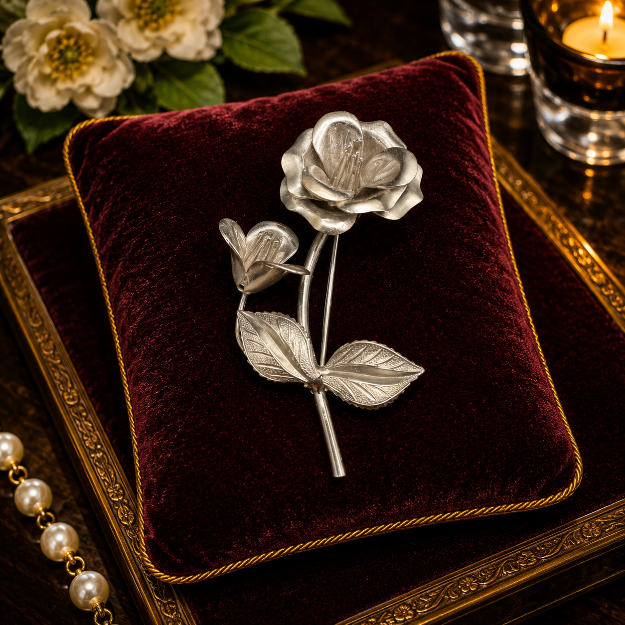 Silver Tone Rose Brooch | Vintage Dimensional Floral Stem Pin