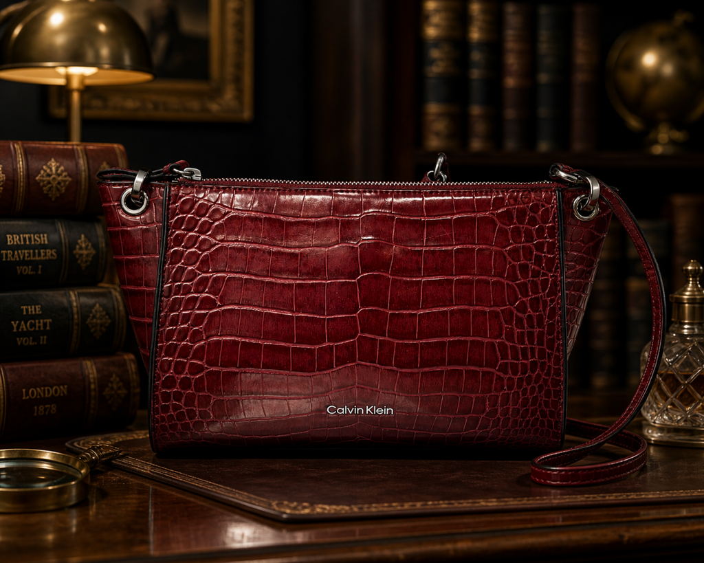 Calvin Klein Burgundy Croc Embossed Crossbody Bag Faux Leather Satchel