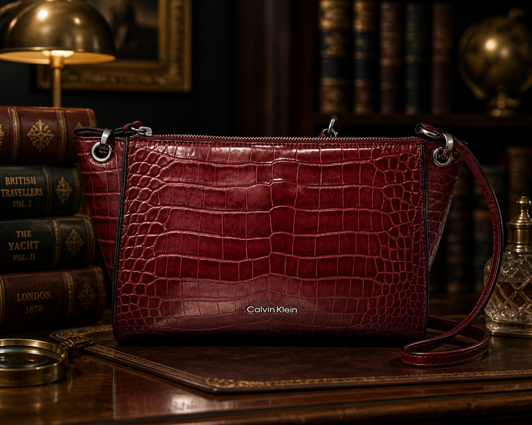 Calvin Klein Burgundy Croc Embossed Crossbody Bag Faux Leather Satchel