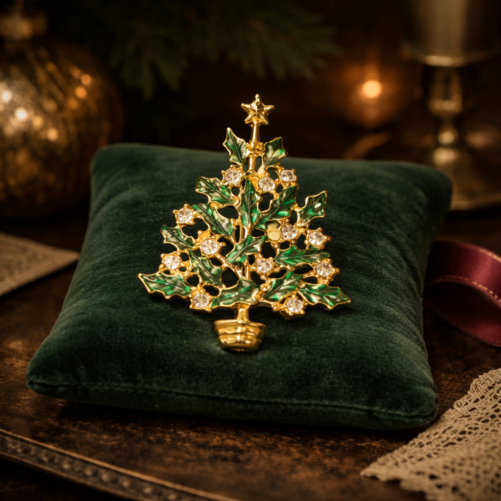 Gold Tone Christmas Tree Brooch with Green Enamel Leaves and Clear Rhinestones