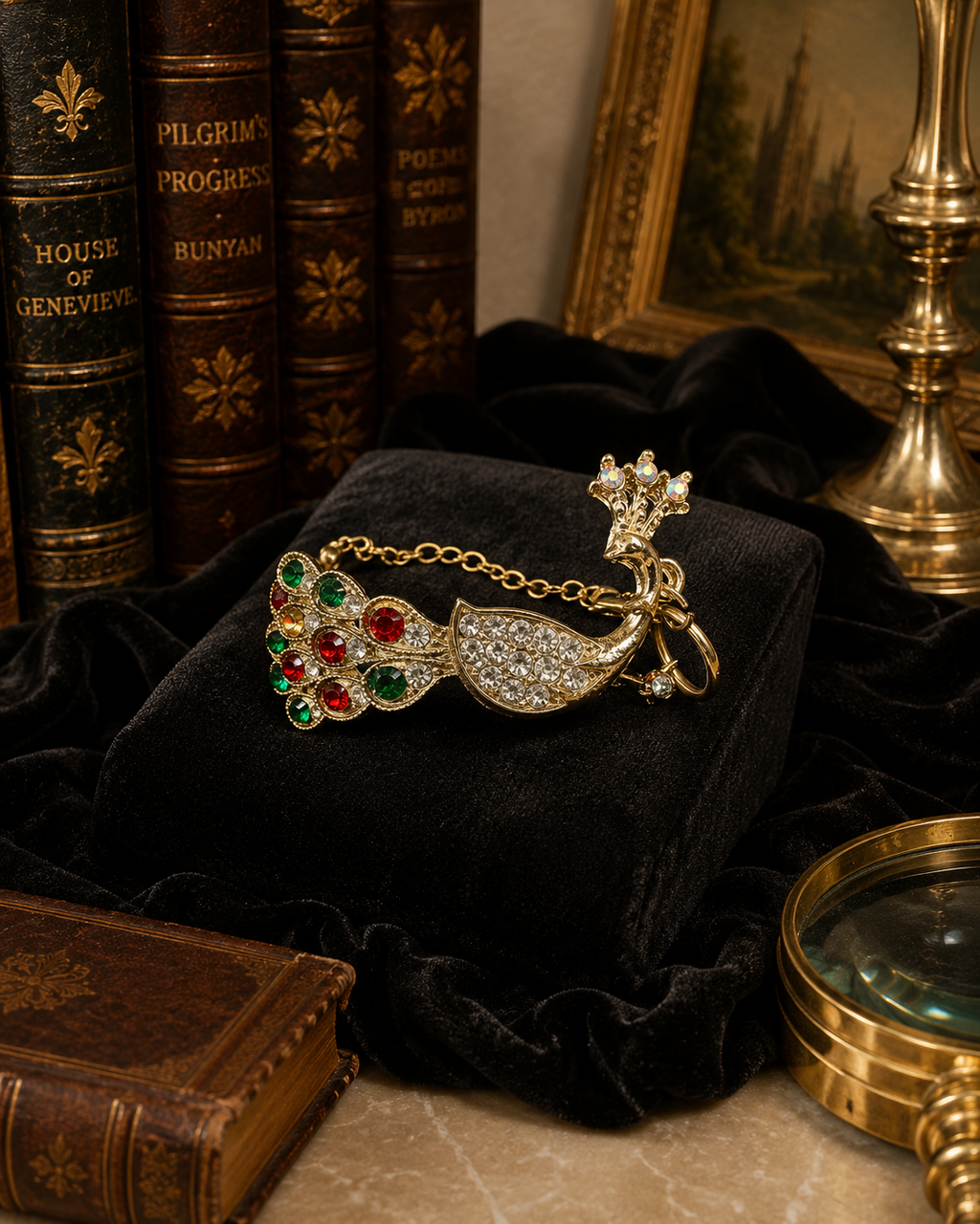 Gold Tone Multicolor Crystal Peacock Hand Bracelet | Ring-to-Bracelet Statement Jewelry