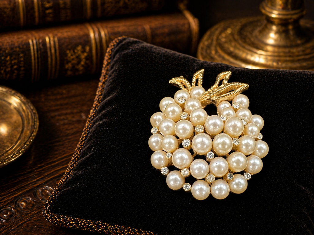 Trifari Gold Tone Pearl Style Grape Cluster Brooch