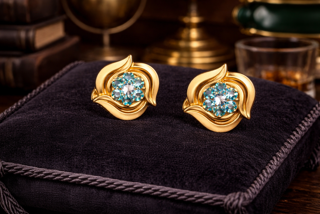 Crown Trifari Gold Tone Blue Crystal Clip Earrings Swirl Floral Vintage Designer Jewelry