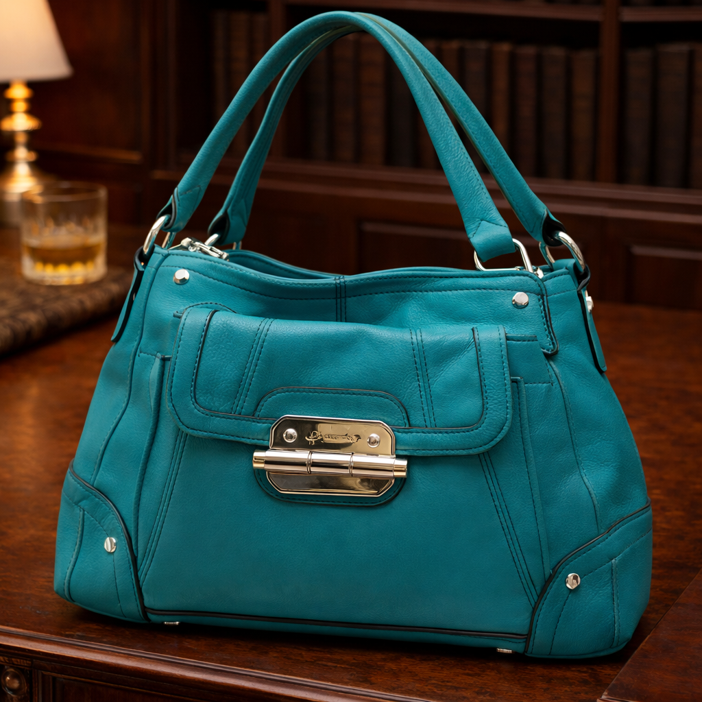 (SOLD) B. Makowsky Turquoise Leather Hobo Bag Plum Satin Interior Shoulder Bag Statement Color