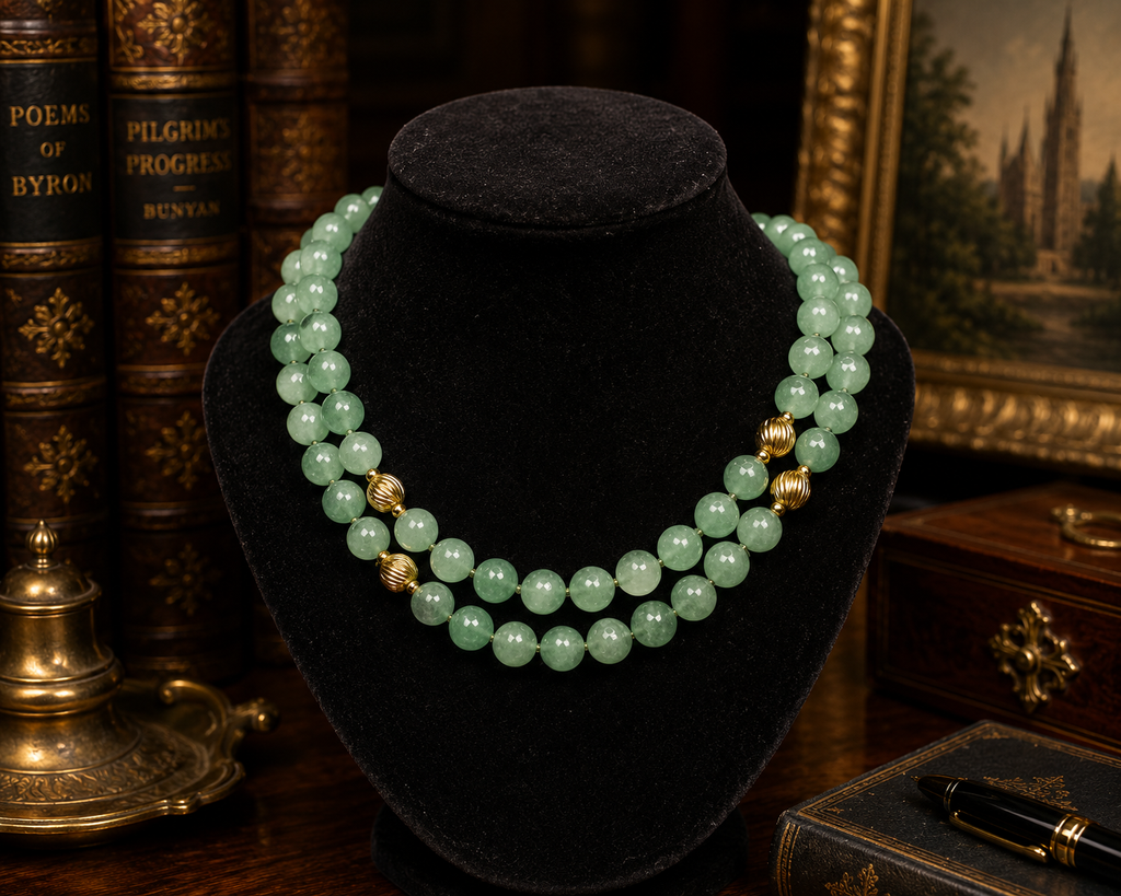 Green Aventurine Style Double Strand Bead Necklace with Gold Tone Accents