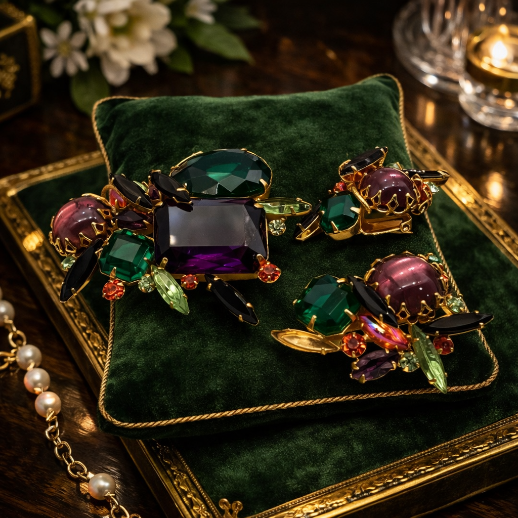 Alice Caviness Brooch and Earrings Set Gold Tone Multicolor Rhinestone Set Purple Green Orange Stones Black Navettes Signed Vintage Costume Jewelry