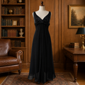 Retro Jones Wear Black V-Neck Twist Pleat Detail A-Line Formal Dress Women 14
