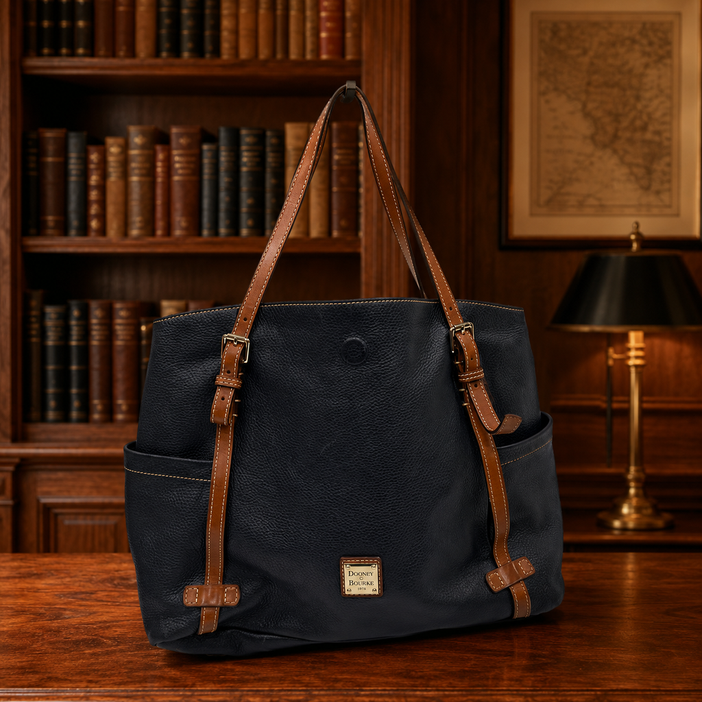 Dooney and Bourke Navy Pebbled Leather Large Tote Shoulder Bag | Classic Leather Carryall