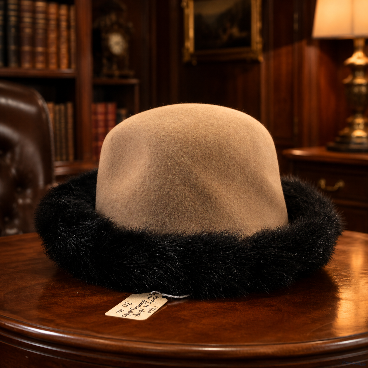 Women's Vintage Bloomingdale's Tan Hat with Faux Fur Trim, Made in Italy