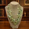 Green Freshwater Pearl & Quartz Double Strand Necklace, Silver Tone Statement Bead Necklace