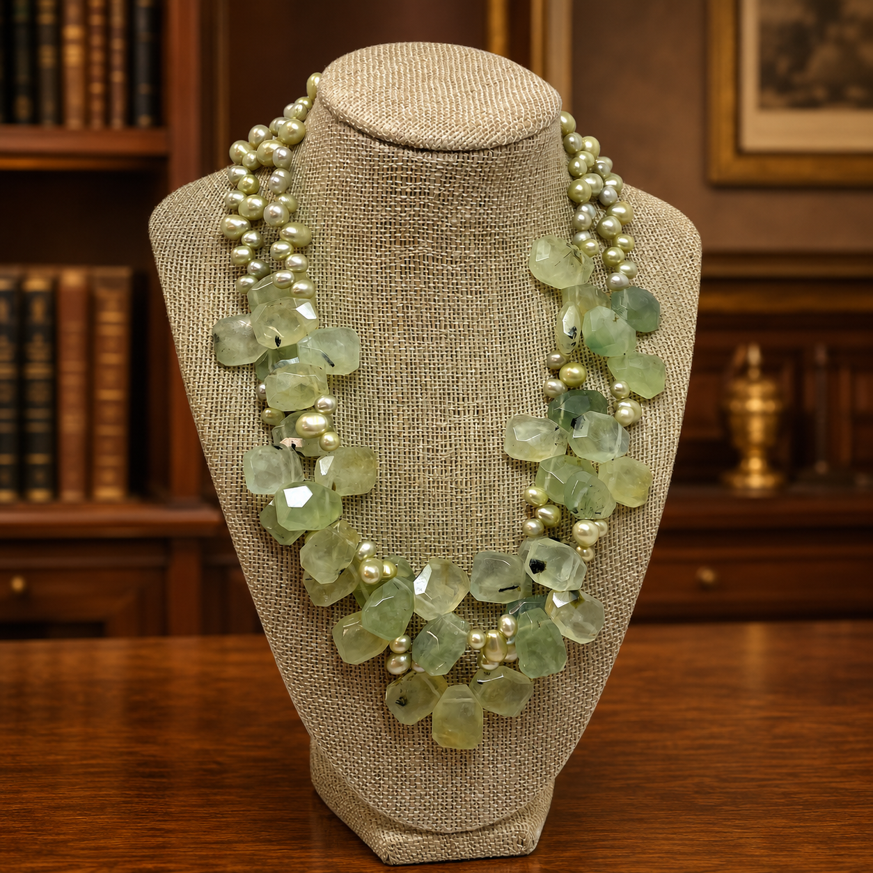 Green Freshwater Pearl & Quartz Double Strand Necklace, Silver Tone Statement Bead Necklace