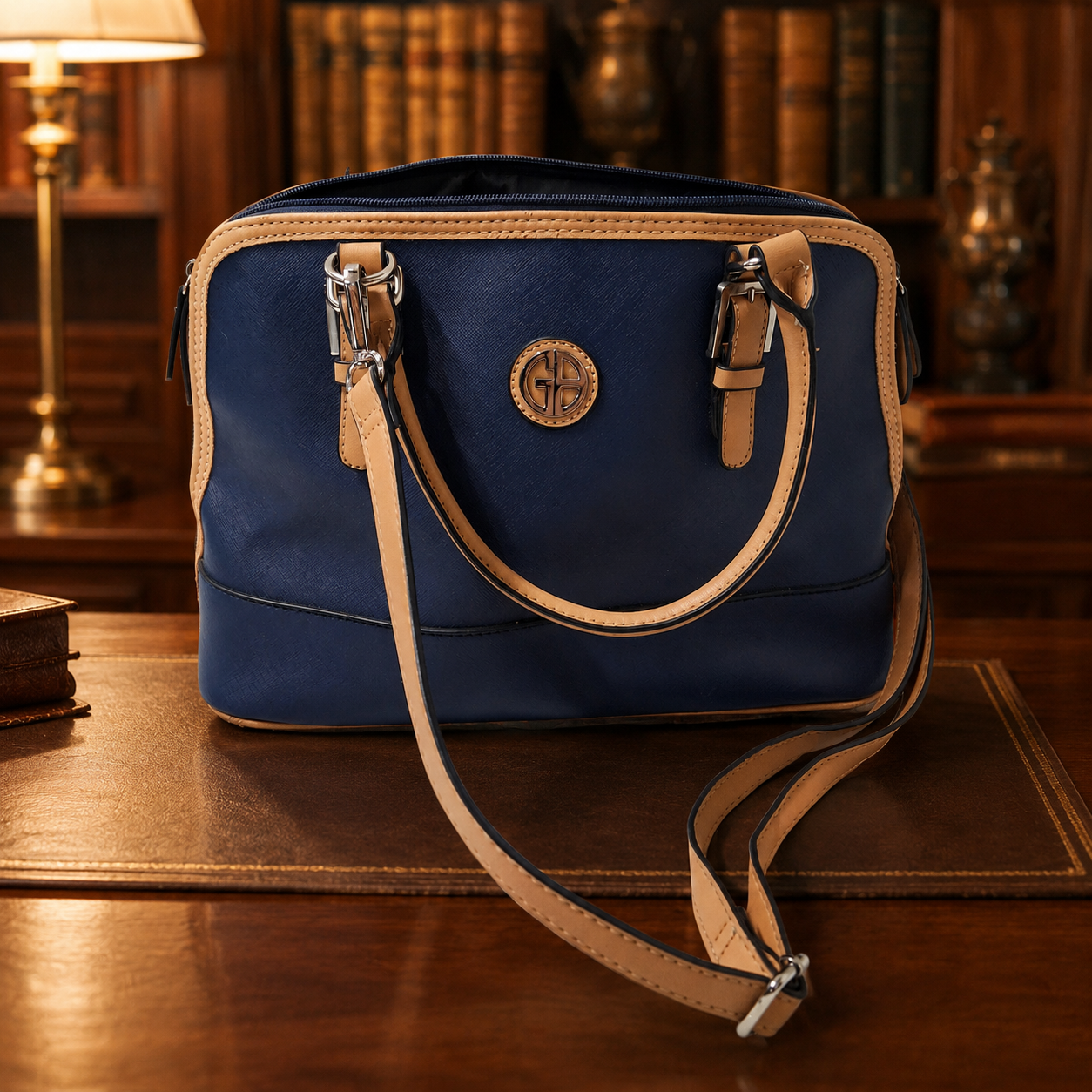 Giani Bernini Navy Blue Satchel Shoulder Bag with Tan Trim | Adjustable Crossbody Strap