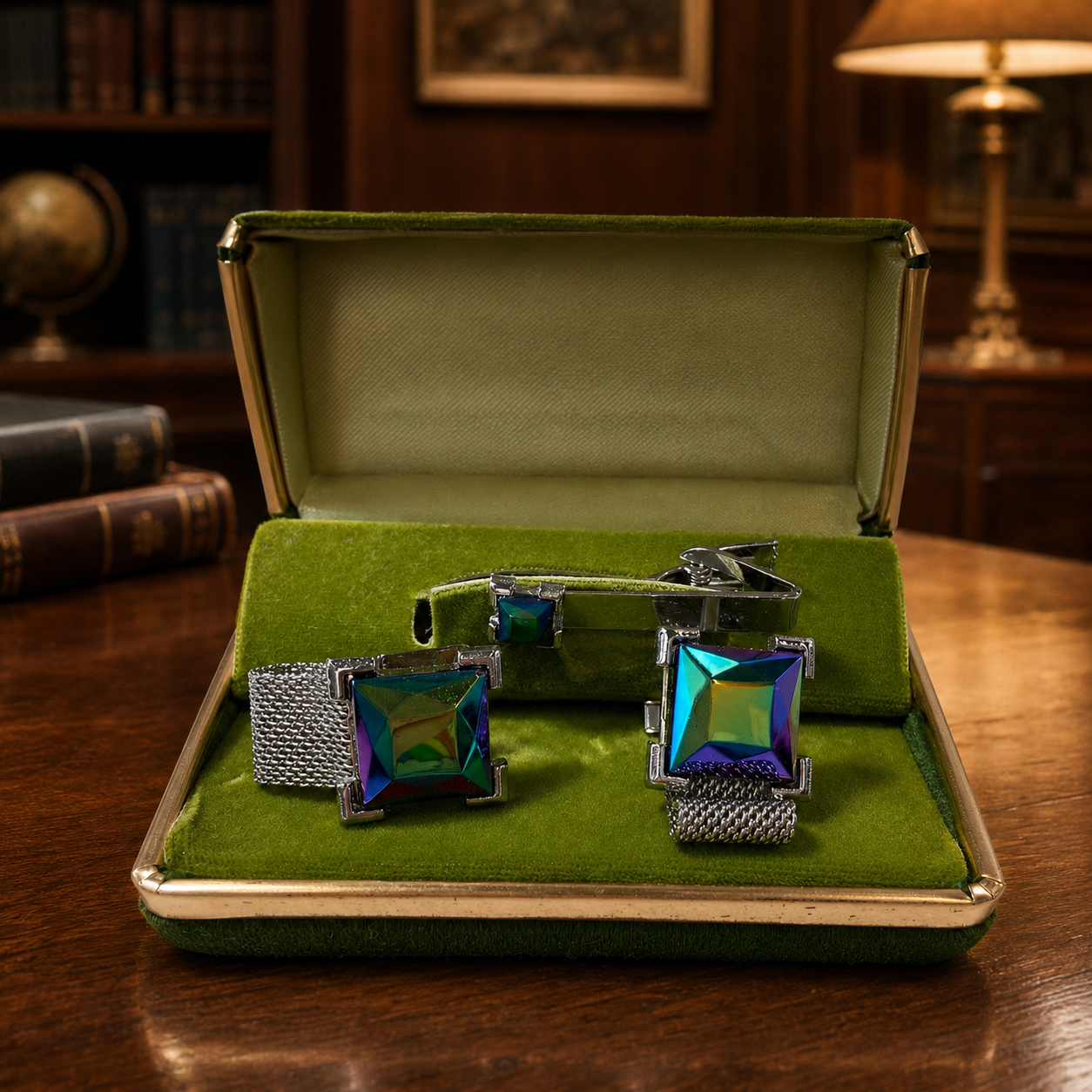 Vintage Silver Tone Iridescent Square Cut Glass Tie Clip and Cufflinks Set