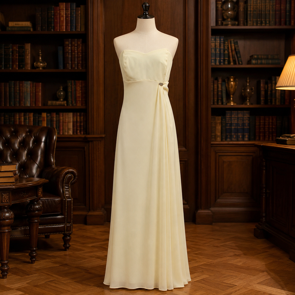 Soft Yellow Strapless Rhinestone Detail Gown Women 34 in. Chest