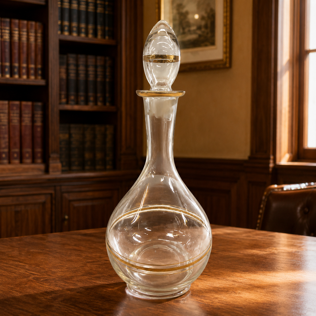 Glass Decanter with Gold Accent Bands and Stopper