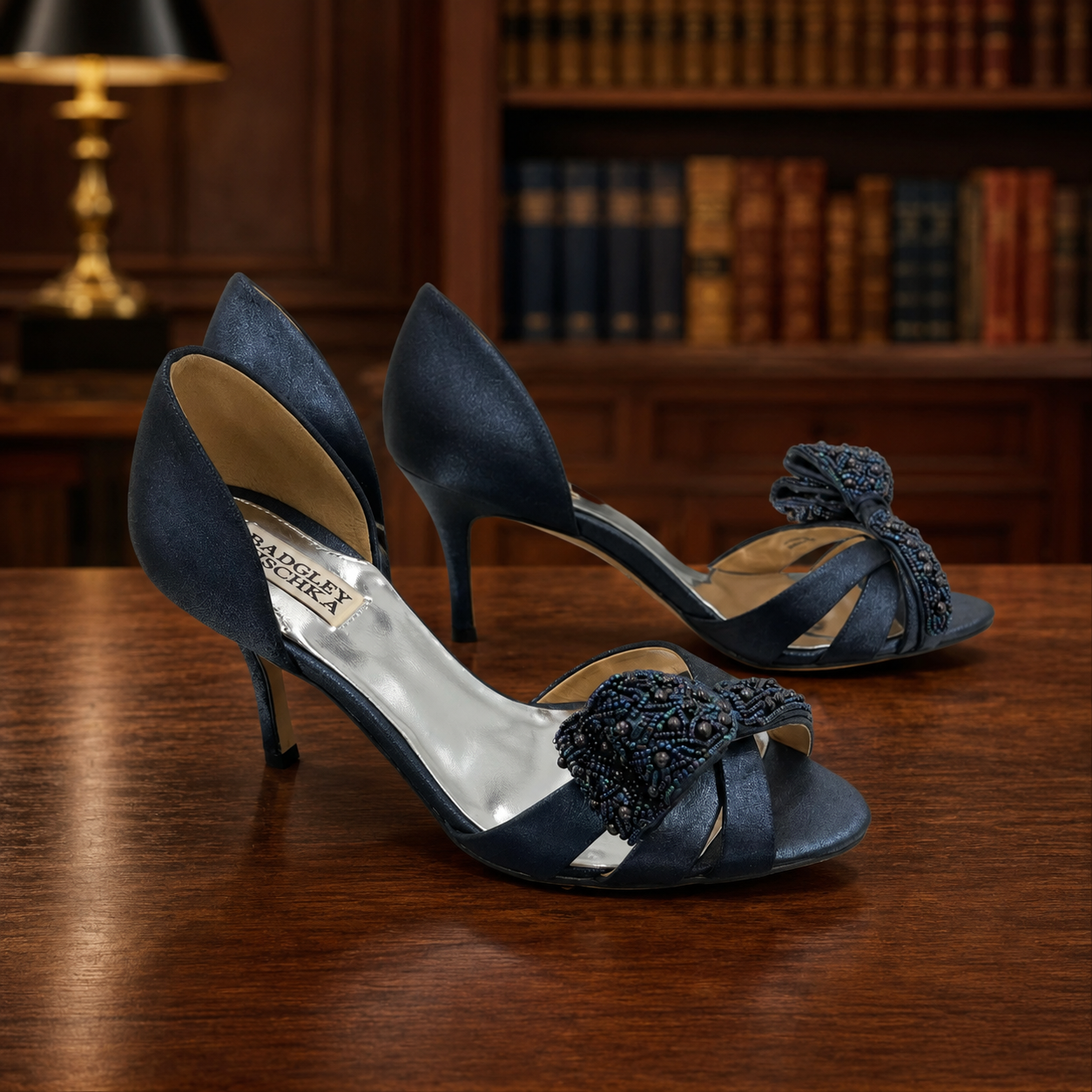 Badgley Mischka Open-Toe Heels with Beaded Bow Size 8M