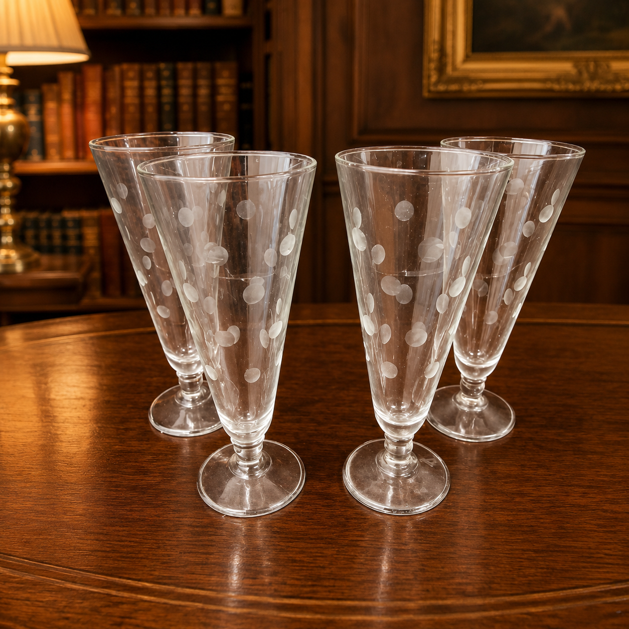 Set of 4 Footed Clear Glass Coin Dot Frosted Design Drinking Glasses