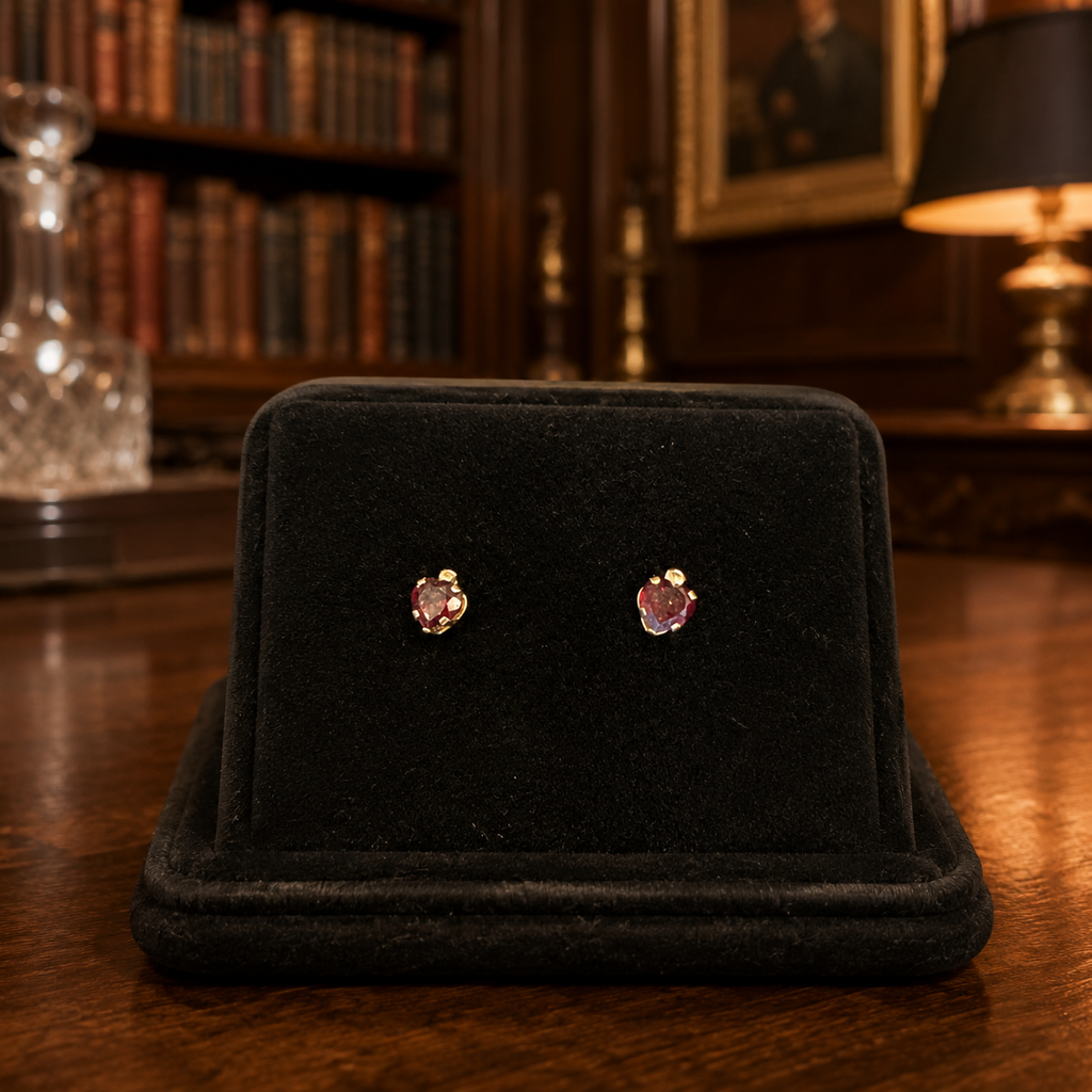 10K Yellow Gold Heart Post Earrings with Red and Clear Stones