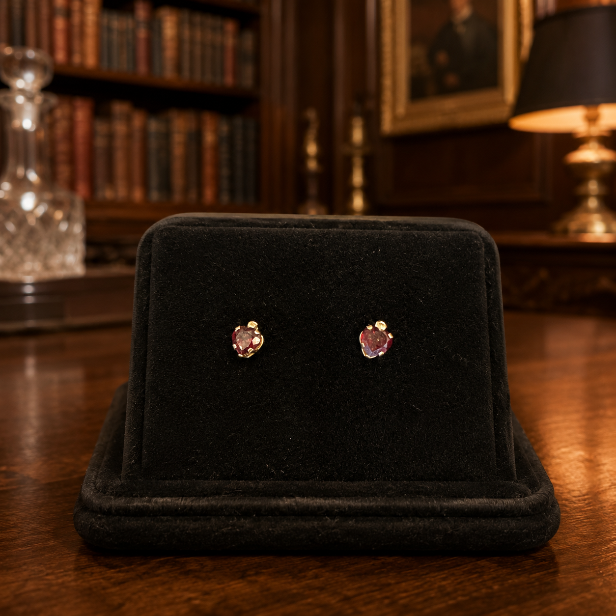 10K Yellow Gold Heart Post Earrings with Red and Clear Stones