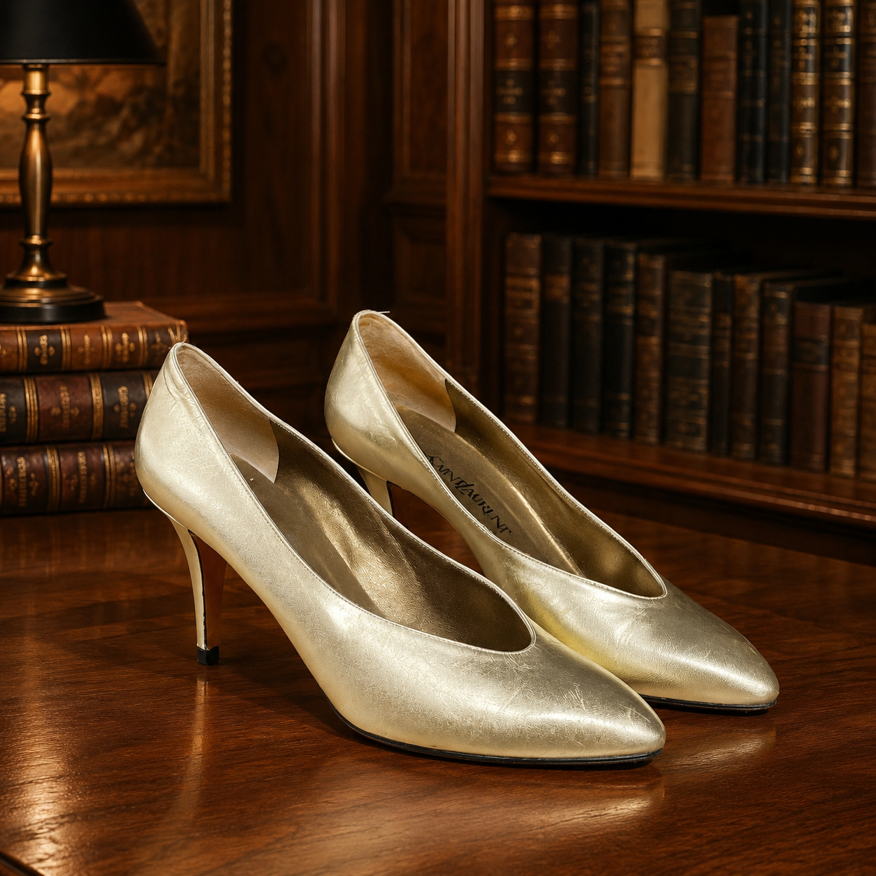 Vintage Yves Saint Laurent Metallic Gold Leather Pumps Heels Size 8 with COA