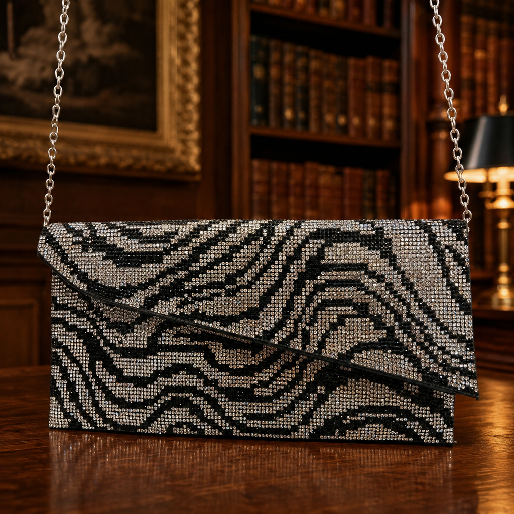 Shimmer New with Tags Zebra Rhinestone Evening Clutch | Black Silver Chain Strap Bag