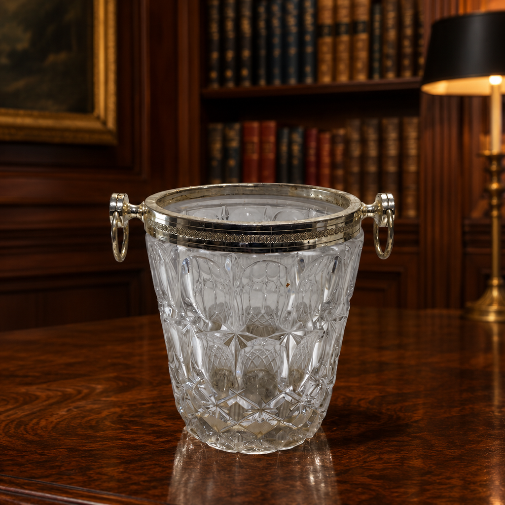(NEED TO LOCATE PATTERN) Vintage Crystal Ice Bucket with Silver Plated Rim and Handles