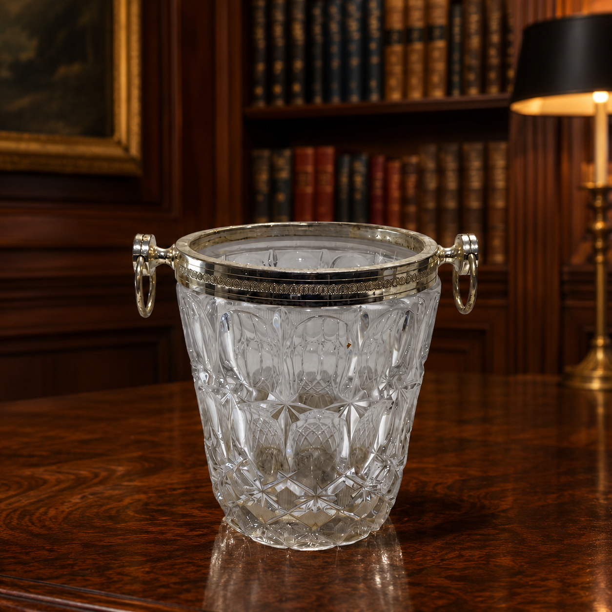 (NEED TO LOCATE PATTERN) Vintage Crystal Ice Bucket with Silver Plated Rim and Handles