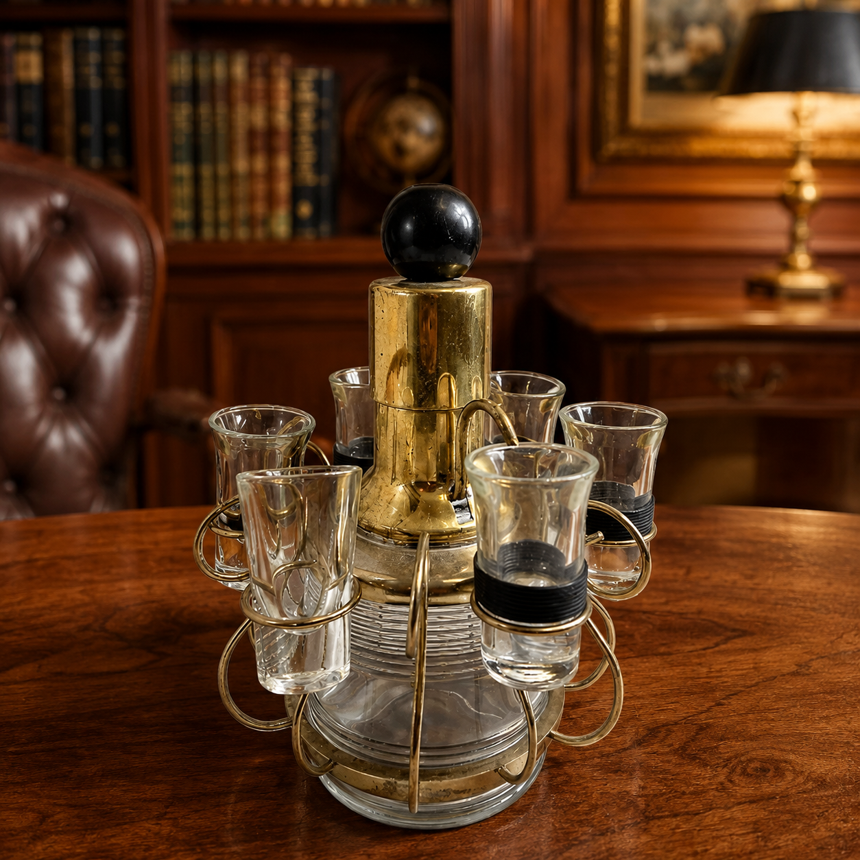 Vintage Glass Decanter Set with Shot Glass Holder, Barware Carousel Server