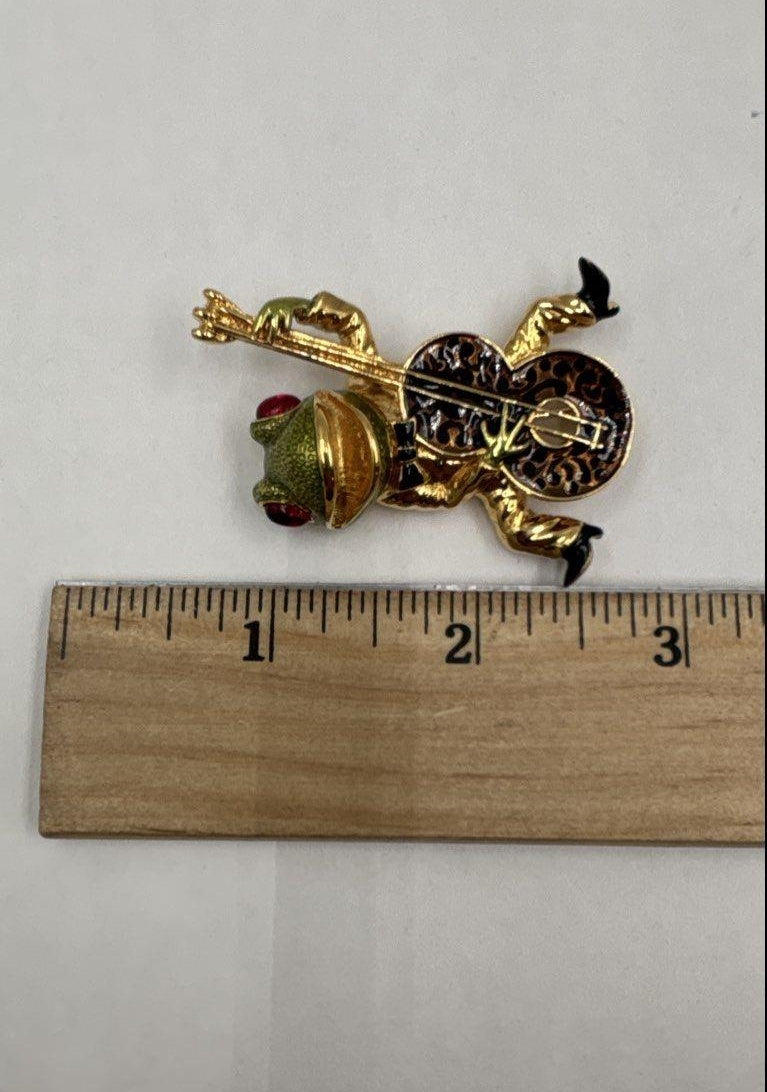 Vintage Kenneth J Lane Enamel Frog Guitar Brooch | Gold Tone Figural Musician Pin