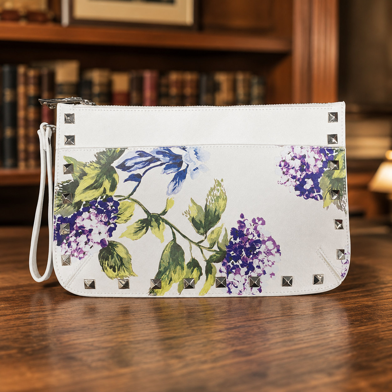White House Black Market Hydrangea Studded Wristlet Clutch | Floral White Evening Bag