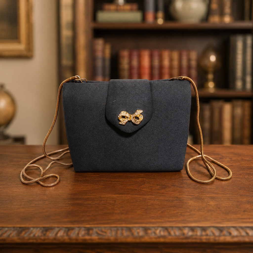 Vanessa Black Evening Clutch with Gold Bow Clasp | Convertible Chain Strap Bag
