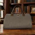 London Fog Houndstooth Barrel Satchel Bag | Brown Trim Shoulder Duffel Handbag