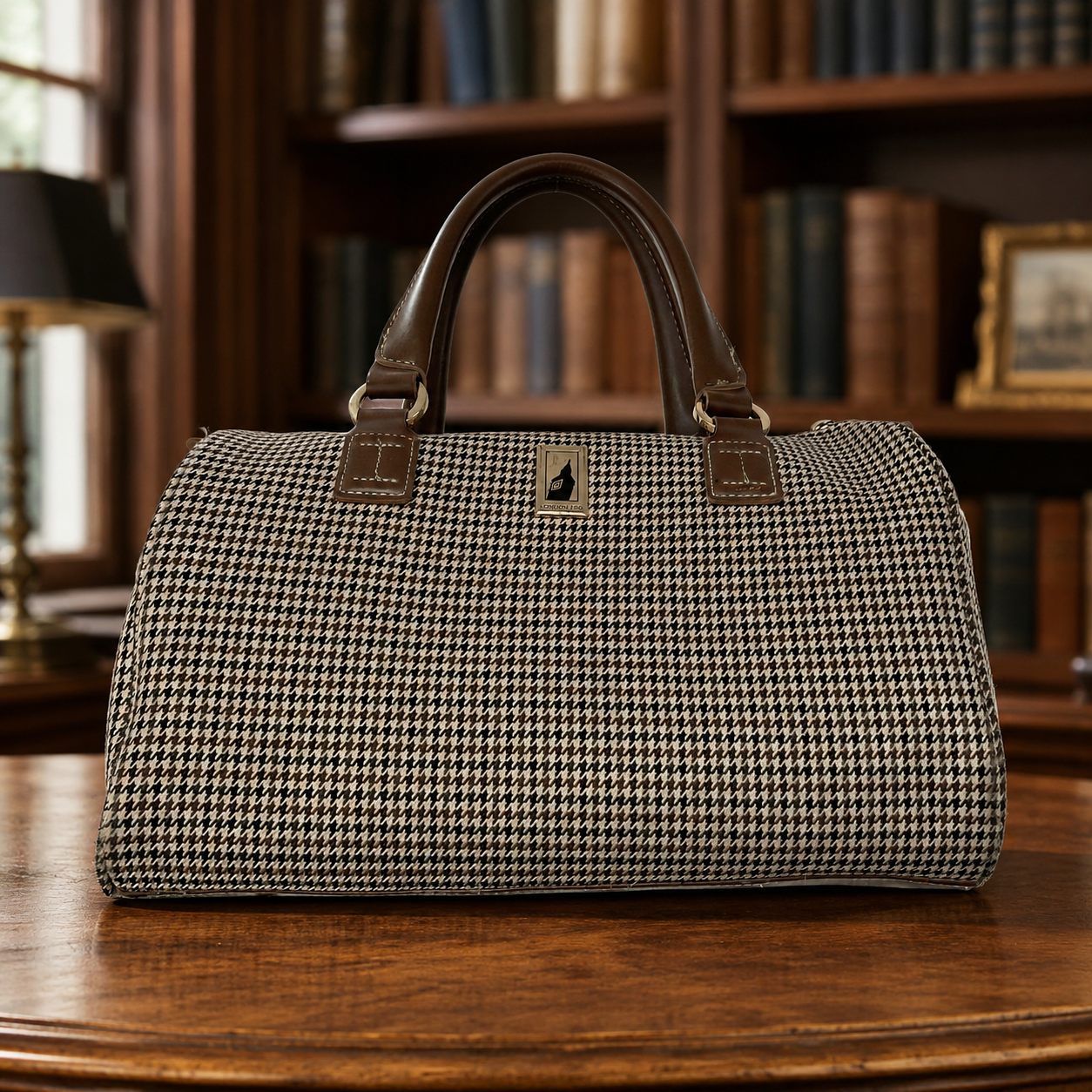 London Fog Houndstooth Barrel Satchel Bag | Brown Trim Shoulder Duffel Handbag
