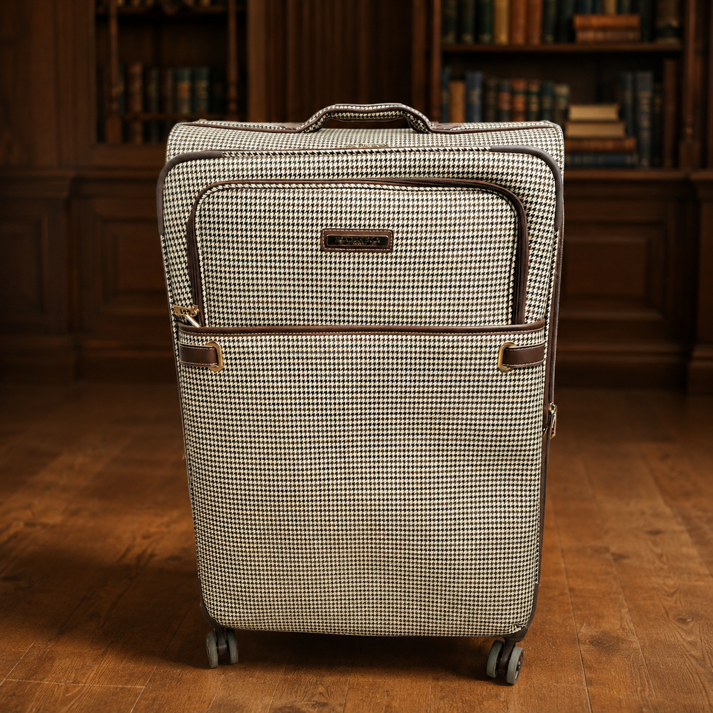 (SOLD) London Fog Oxford II Houndstooth Full-Size Spinner Suitcase | Checked Rolling Luggage