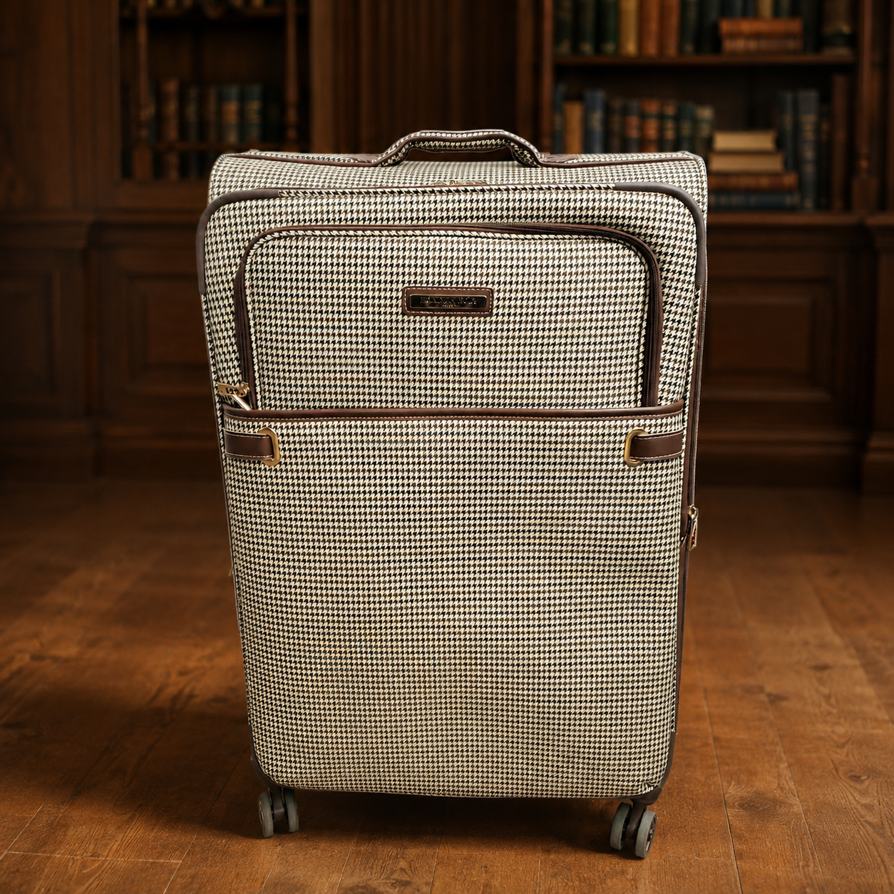 (SOLD) London Fog Oxford II Houndstooth Full-Size Spinner Suitcase | Checked Rolling Luggage