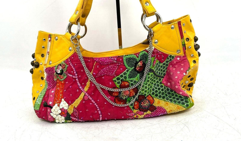 Mary Frances Large Multicolor Beaded Shoulder Bag with Yellow Trim  Description