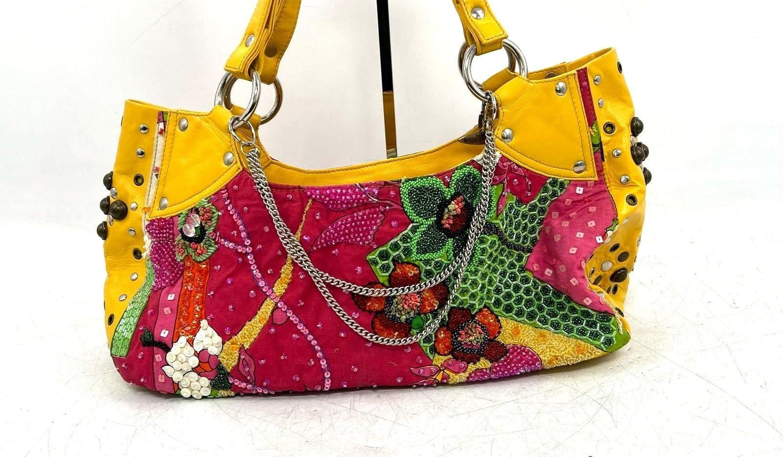 Mary Frances Large Multicolor Beaded Shoulder Bag with Yellow Trim  Description