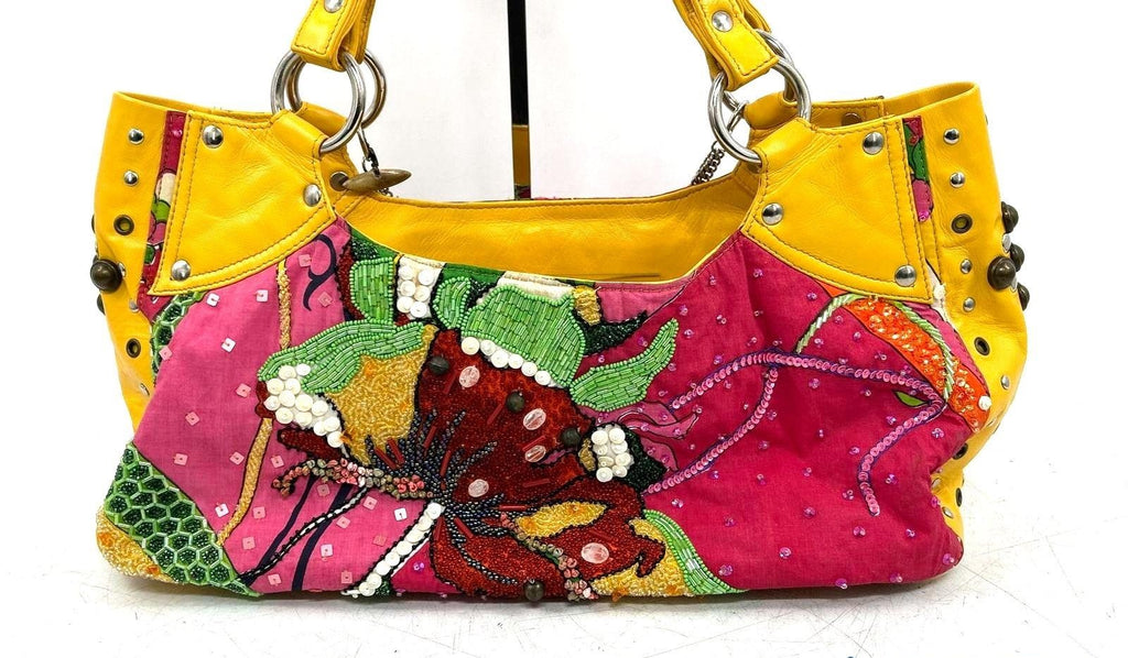 Mary Frances Large Multicolor Beaded Shoulder Bag with Yellow Trim  Description