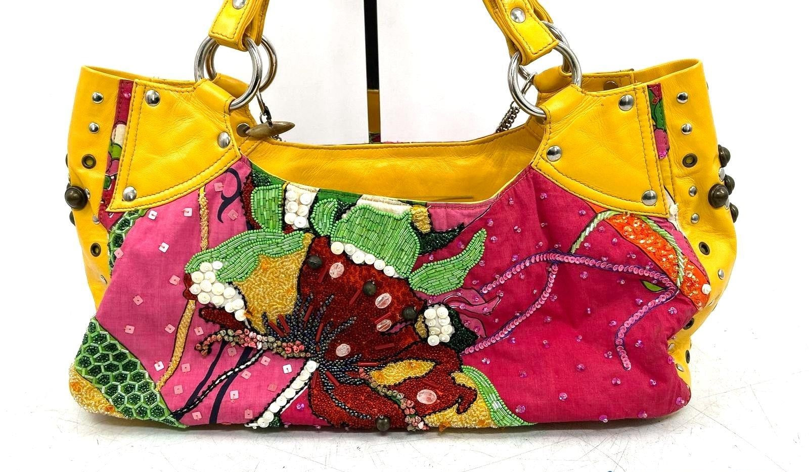 Mary Frances Large Multicolor Beaded Shoulder Bag with Yellow Trim  Description