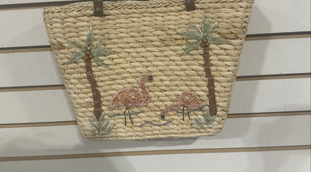 Cappelli Straworld Flamingo Straw Tote Beach Bag Pink Lined Palm Trees
