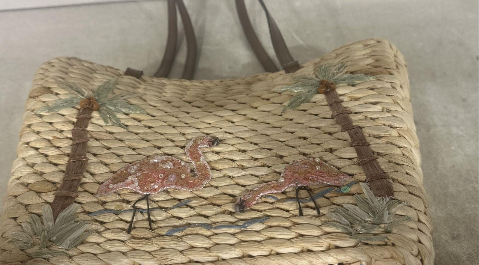 Cappelli Straworld Flamingo Straw Tote Beach Bag Pink Lined Palm Trees