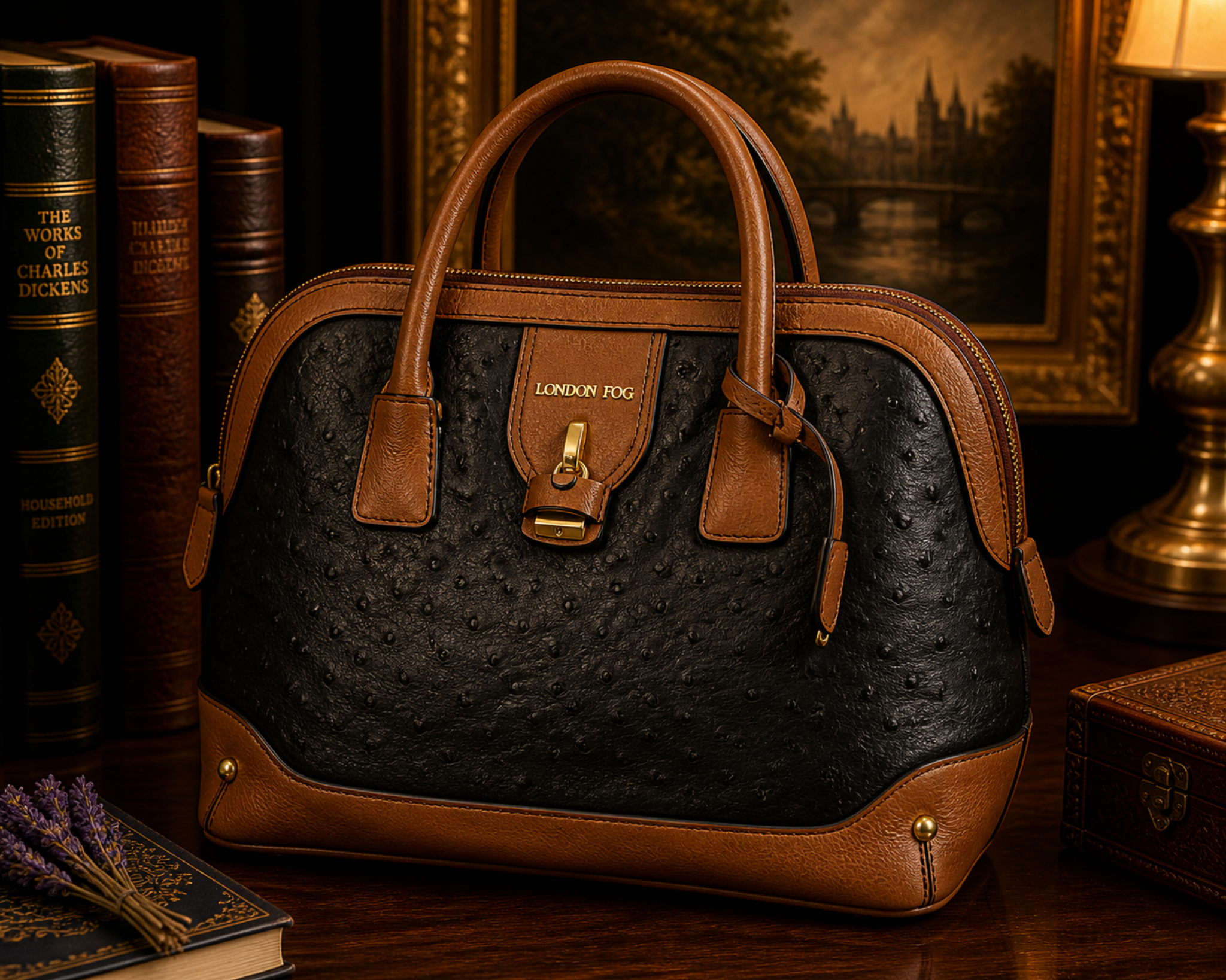London Fog Black Ostrich Embossed Satchel Handbag with Brown Leather Trim