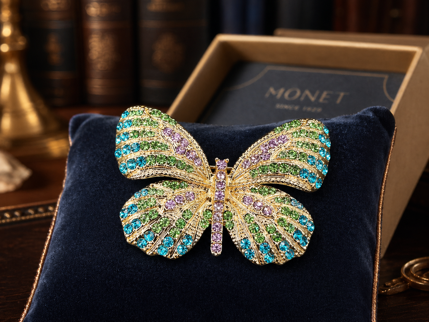 Monet Multicolor Crystal Butterfly Brooch Gold Tone Statement Pin With Original Box