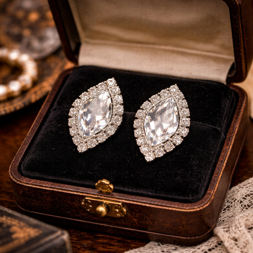 Signed Weiss White Rhinestone Marquise Clip-On Earrings | Vintage Halo Statement Designer Jewelry