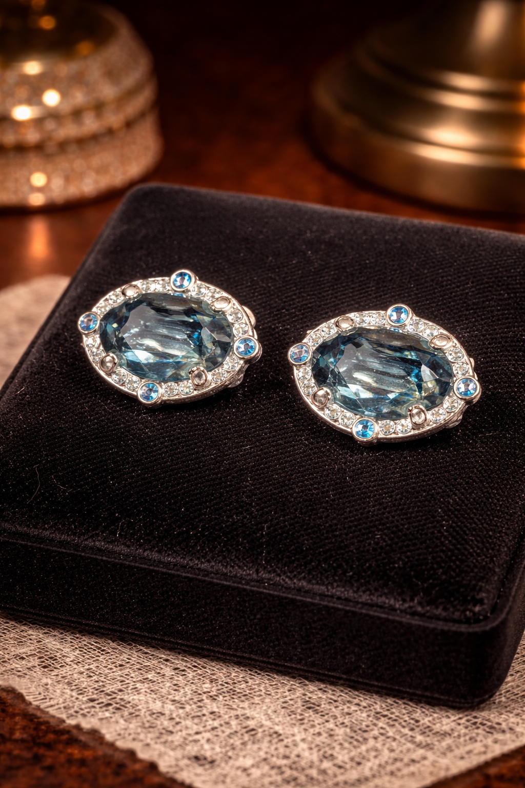 Swarovski Silver Tone Blue Crystal Oval Clip On Earrings Halo Design Statement Vintage Style Sparkling Rhinestone Earrings